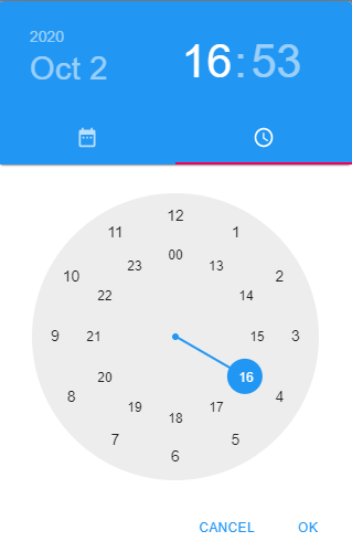 Digital time and date picker with October 2, 2020, 16:53 selected. Circular clock interface highlights 16. Buttons: CANCEL and OK.