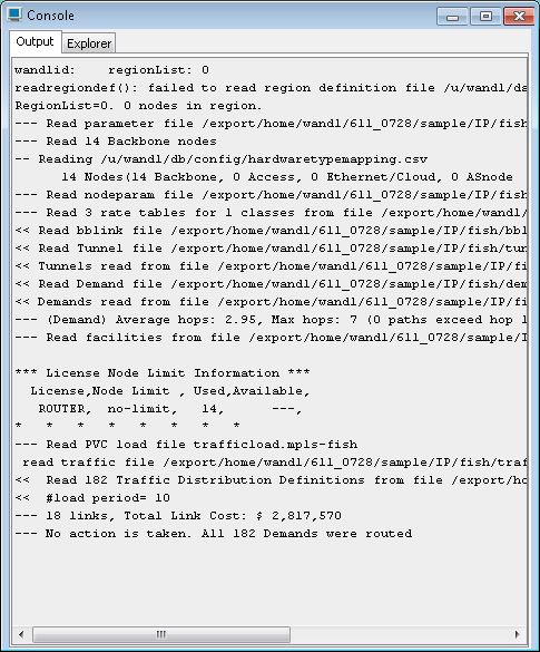 Console window displaying network simulation log with configuration files, nodes, links, tunnels, demands, traffic distribution, and routing summary.