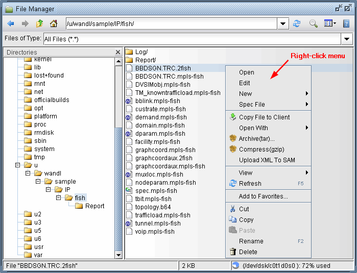 File manager interface showing '/uwandl/sample/IP/fish/' folder. Right-click menu open on 'BBDGSN.TRC.2fish' file, displaying options like Open, Edit, and Compress.