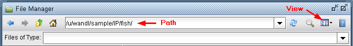 File manager interface with path u/wandl/sample/IP/fish highlighted. Navigation buttons include back, forward, home, refresh. View option highlighted.