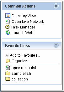 Graphical user interface with sections: Common Actions and Favorite Links, featuring shortcuts for directory, network, task management, and favorite links management.