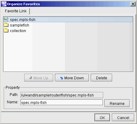 Dialog box titled Organize Favorites for managing bookmarks with items spec.mpls-fish selected. Options to move, delete, rename.