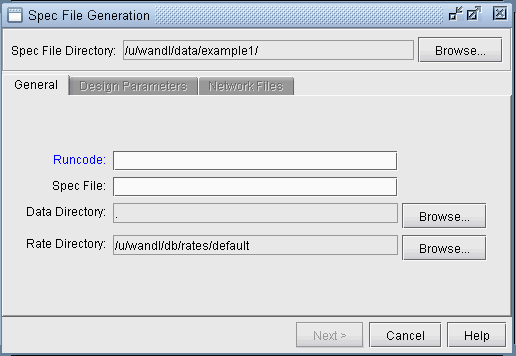 Software interface for Spec File Generation with fields for directories and files selection. Tabs include General, Design Parameters, and Network Files. Buttons for Next, Cancel, and Help at the bottom.