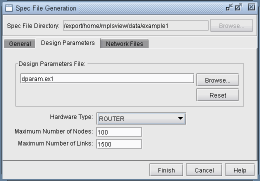 Spec File Generation interface showing Design Parameters tab with fields for Spec File Directory, Design Parameters File, Hardware Type set to ROUTER, Maximum Nodes 100, and Maximum Links 1500. Includes Finish, Cancel, and Help buttons.