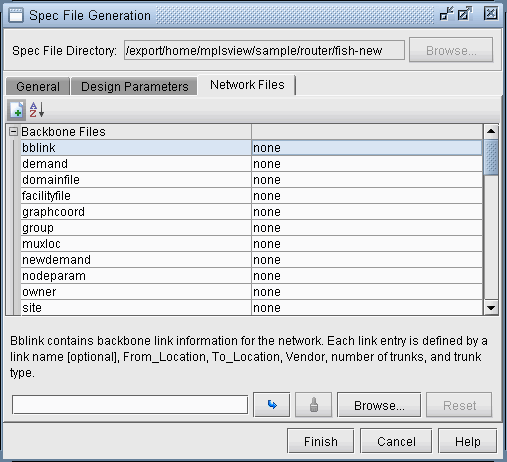Spec File Generation interface showing Network Files tab with Backbone Files table. Values set to none. Description for bblink parameter. Navigation buttons: Browse, Reset, Finish, Cancel, Help.