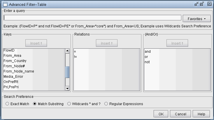 Graphical user interface for Advanced Filter tool with query input field, example query, keys, relational and logical operators, search preferences, and OK, Cancel, Help buttons.