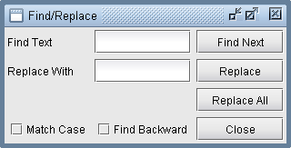 Find/Replace dialog box for searching and replacing text in documents, with options for case sensitivity and reverse search.
