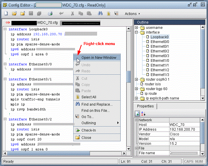Configuration editor displaying WDC_70.cfg in read-only mode with network commands, context menu open, and properties panel showing host and IP details.
