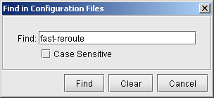 Find in Configuration Files dialog box with text field, case sensitive checkbox, and Find, Clear, and Cancel buttons.