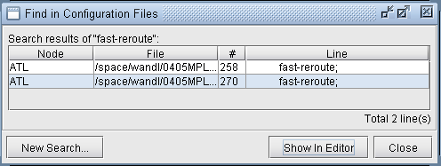 Find in Configuration Files window showing search results for fast-reroute with two occurrences in file under node ATL on lines 258 and 270.