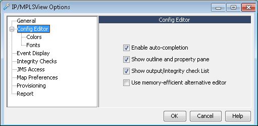 IP/MPLSView Options window showing Config Editor settings with auto-completion enabled and memory-efficient editor disabled.