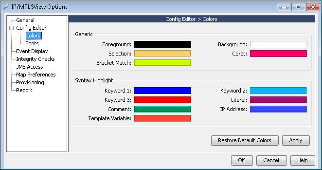 IP/MPLSView Config Editor Colors settings window for customizing color schemes including generic and syntax highlight colors with options to restore, apply, or cancel changes.