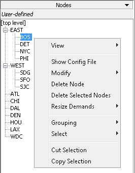 GUI for managing nodes in a hierarchy; nodes grouped as EAST and WEST. Context menu for BOS node with options: View, Show Config File, Modify, Delete Node, Resize Demands, Grouping, Select, Cut, Copy.