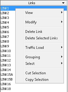 Dropdown menu labeled Links with options to view, modify, delete links, manage traffic load, and organize selections.