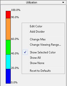 Utilization bar with color-coded scale from 0 to 100 percent for performance levels. Context menu options: Edit Color, Add Divider, Change Max, Change Viewing Range, Show Selected Color, Show All, Show None, Reset to Defaults.