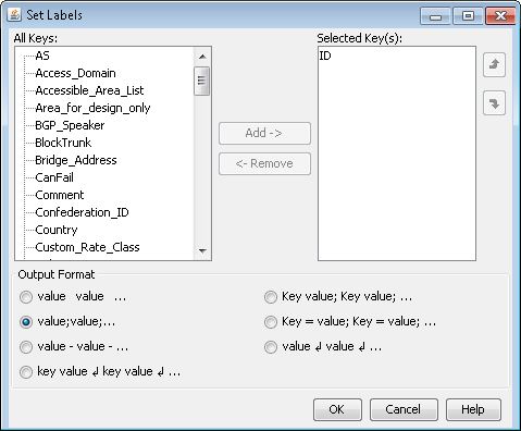 Dialog box titled Set Labels for data management with lists All Keys and Selected Keys. Buttons: Add, Remove, OK, Cancel, Help. Output format options available.