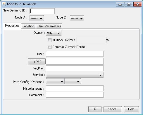 Software interface window titled Modify 2 Demands for network configuration with fields for New Demand ID, Node A, Node Z, Owner, bandwidth, and service type.