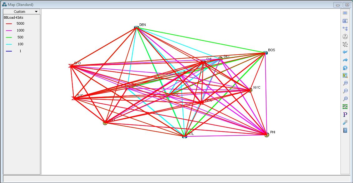 Network graph showing connections between cities like DEN, BOS, NYC, PHI, ATL. Lines depict data loads: Red 5000 Kbits, Pink 1000 Kbits, Green 500 Kbits, Cyan 100 Kbits, Blue 1 Kbit.