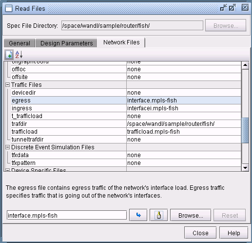 Read Files dialog box from network simulation tool showing Spec File Directory at /space/wandl/sample/router/fish/ with tabs for General, Design Parameters, and Network Files. Traffic Files section lists egress as interface.mpls-fish and other traffic files. Description explains egress file purpose. Contains fields to select egress file and buttons for Close and Help.