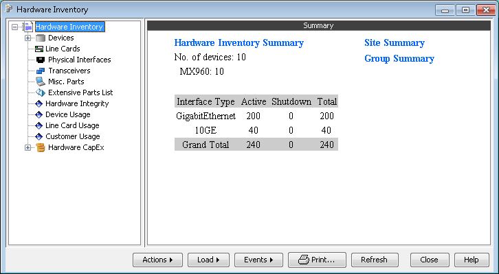 Hardware inventory interface showing 10 MX960 devices and 240 active interfaces. Navigation includes Devices and Line Cards. Action buttons: Load, Events, Print.