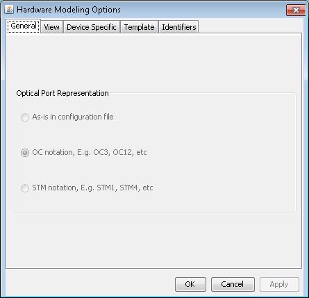 Software dialog box for Hardware Modeling Options with tabs General, View, Device Specific, Template, Identifiers. General tab shows Optical Port Representation options: As-is in configuration file, OC notation OC3, OC12, selected, STM notation STM1, STM4. Buttons: OK, Cancel, Apply.