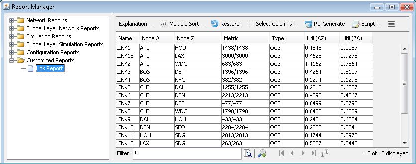 Software interface titled Report Manager displaying a Link Report under Customized Reports. Shows network link details including name, nodes, metric, type, and utilization.