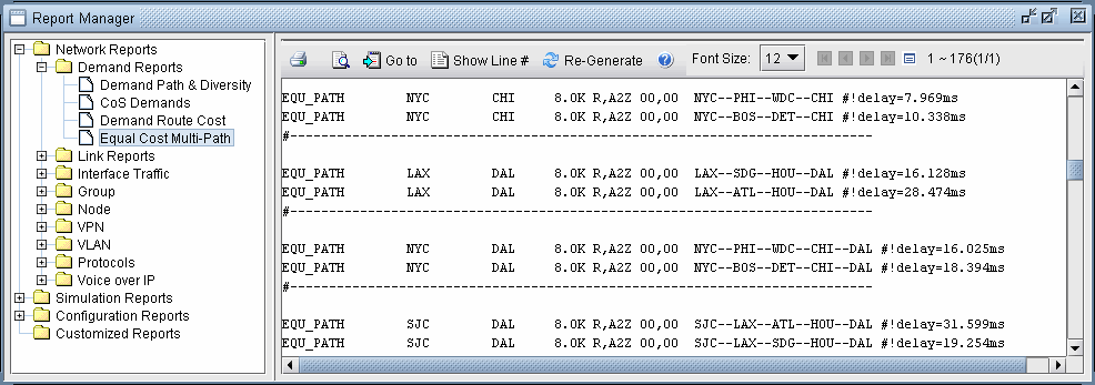 Screenshot of a Report Manager interface displaying network reports for Equal Cost Multi-Path routing with source and destination nodes and path delays.