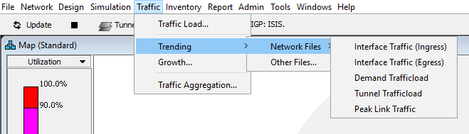 Screenshot of a network traffic analysis software showing Traffic menu with options like Traffic Load and Trending expanded to Network Files and Other Files. Left side displays a Map Standard section with utilization bar indicating percentages.