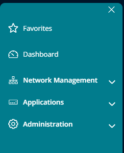 Sidebar menu with options: Favorites, Dashboard, Network Management dropdown, Applications dropdown, Administration.