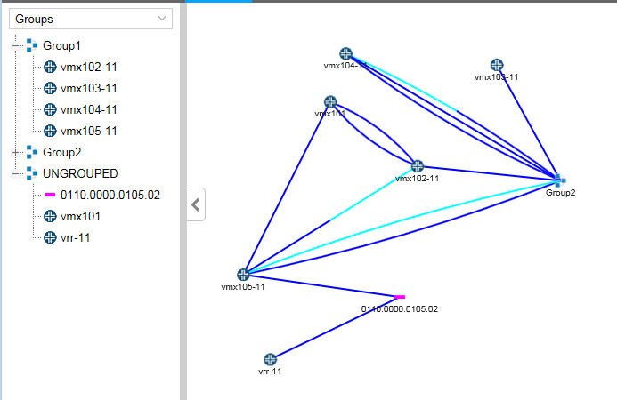 Network topology diagram showing nodes vmx102-11, vmx103-11, vmx104-11, vmx105-11, vmx101, and vrr-11, connected by colored lines. Nodes are grouped into Group1, Group2, and UNGROUPED sections.
