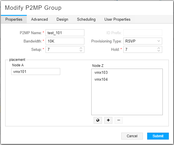 Configuration interface for modifying a Point-to-Multipoint group with fields for P2MP Name, ID Prefix, Bandwidth, Provisioning Type, Setup, and Hold. Node A includes vmx101; Node Z includes vmx103 and vmx104. Options to add or remove nodes, cancel, or submit changes.