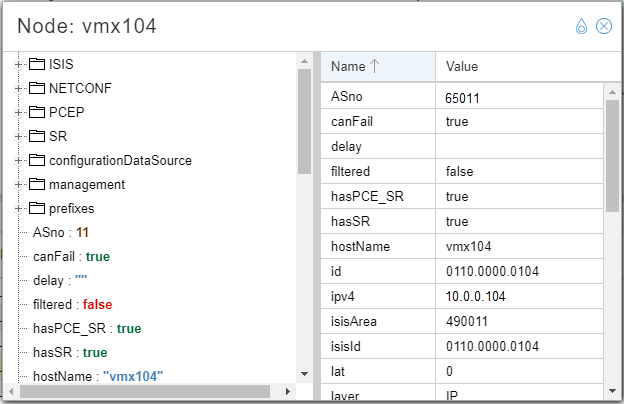 Network node details with node label vmx104. Tree structure lists protocols and configurations like IS-IS and SR. Table shows attributes: ASno 65011, canFail true, hostName vmx104, id 0110.0000.0104, ipv4 10.0.0.104.