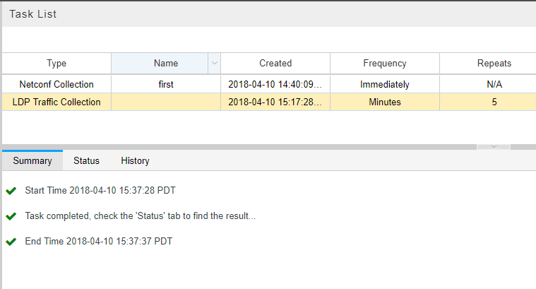 Task List interface with Netconf Collection and LDP Traffic Collection tasks. Summary shows task completed successfully with start and end times.