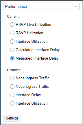 Performance monitoring panel with options for Current and Historical metrics. Measured Interface Delay is selected. Settings button at bottom.