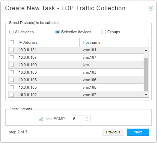 User interface for creating a new LDP task with options to select devices for data collection.