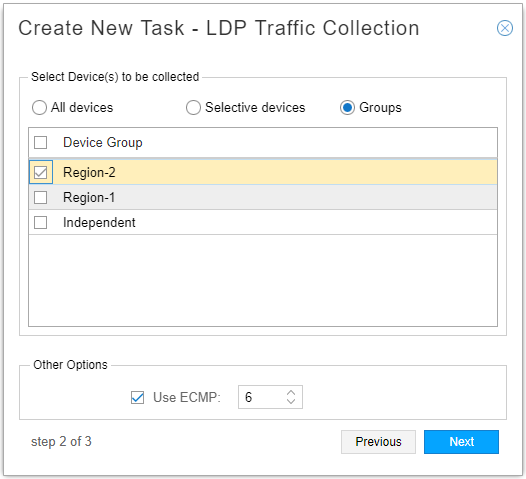 Step 2 of 3: Select devices for LDP Traffic Collection task. Groups option selected with Region-2 checked. ECMP set to 6.