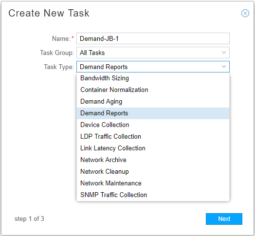 User interface for creating a new task with fields for Name and Task Group, and Task Type dropdown with Demand Reports selected. Next button at step 1 of 3.