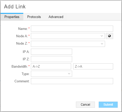 User interface for adding a network link with fields for Name, Node A, Node Z, IP addresses, Bandwidth, Type, and Comment. Tabs for Properties, Protocols, and Advanced. Cancel and Submit buttons at the bottom.