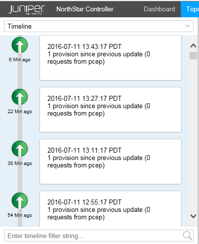 Juniper NorthStar Controller Timeline view showing network provisioning updates with timestamps, provision counts, and PCEP requests. Green arrows indicate event progression.