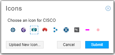 Dialog box to choose an icon for CISCO with several icons displayed; one selected with a dashed border. Buttons: Upload New Icon, Cancel, Submit.