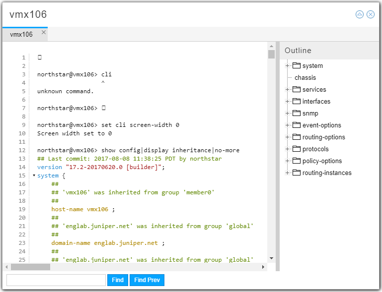 Configuration interface for Juniper Networks vMX virtual router showing CLI commands and output. Configuration details include hostname vmx106 and domain englab.juniper.net. Configuration sections outlined on right. Version 17.2-20170620.0. Search functionality with Find and Find Prev buttons.