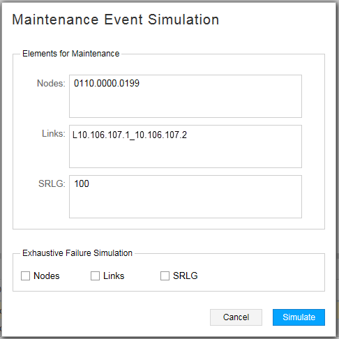 Maintenance Event Simulation tool interface with fields for node, link, SRLG identifiers. Options for simulating node, link, SRLG failures with cancel and simulate buttons.