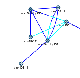 Network topology diagram showing nodes labeled vmx105-11-p100, vmx104-11, vmx102-11 connected by lines. Blue and cyan lines indicate connection types.