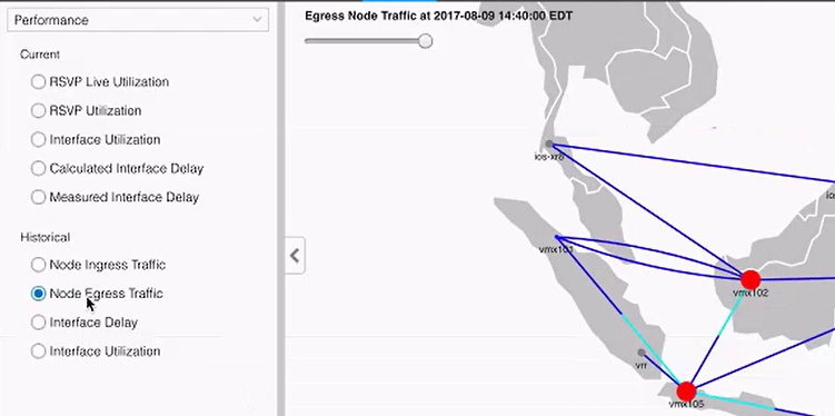 Network traffic map with red node connections on a geographical overlay. Menu shows Performance options. Selected: Node Egress Traffic. Data from August 9, 2017, at 14:40 EDT.