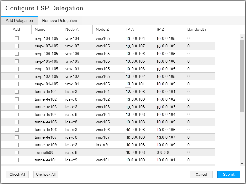 Configuration interface for LSP Delegation in a network management system, featuring Add and Remove Delegation tabs, a table listing LSPs with details like Name, Node A, Node Z, IPs, Bandwidth, checkboxes for selection, and buttons for Check All, Uncheck All, Submit, and Cancel.