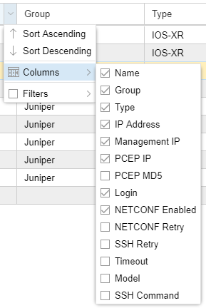 Dropdown menu for sorting and column selection in a network device management table, showing options like Sort Ascending, Sort Descending, Name, Group, Type, and IP Address.