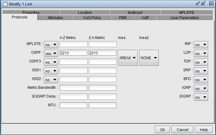 Network configuration interface for modifying link properties; Protocols tab selected; OSPF enabled with AREA0; other protocols set to no; options for OK, Cancel, Help.