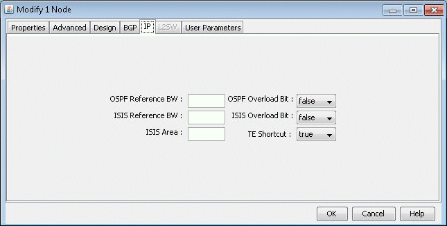 Modify 1 Node window with settings for OSPF and IS-IS protocols; fields include OSPF Reference BW, OSPF Overload Bit, IS-IS Reference BW, IS-IS Overload Bit, IS-IS Area, and TE Shortcut; buttons: OK, Cancel, Help.