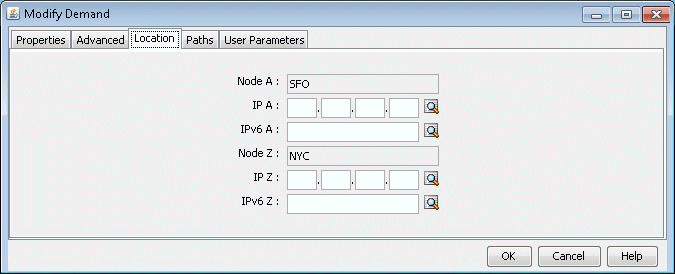 Dialog box titled Modify Demand with tabs including Properties, Advanced, Location, Paths, and User Parameters. Location tab active. Fields for Node A SFO and Node Z NYC with IPv4 and IPv6 address entry. Buttons for OK, Cancel, and Help at the bottom.