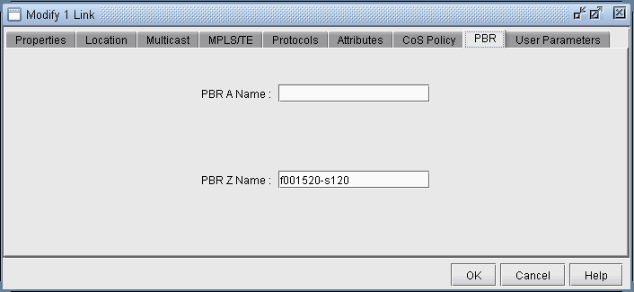Modify 1 Link dialog box in network tool with tabs for settings. PBR tab selected. PBR A Name field empty; PBR Z Name set to f001520-s120. OK, Cancel, and Help buttons present.